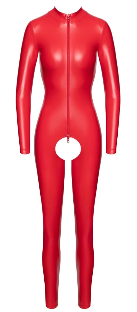 Roter Ouvert-Overall im Powerwetlook mit langem Reißverschluss, langen Armen und Beinen sowie offenem Schritt von Noir Handmade Roter Ouvert-Overall im Powerwetlook mit langem Reißverschluss, langen Armen und Beinen sowie offenem Schritt von Noir Handmade