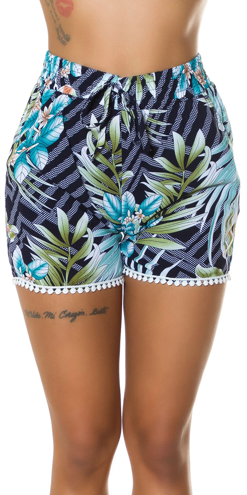 Sommer Cotton High Waist Shorts mit Tropical Print und Deko Spitze Sommer Cotton High Waist Shorts mit Tropical Print und Deko Spitze