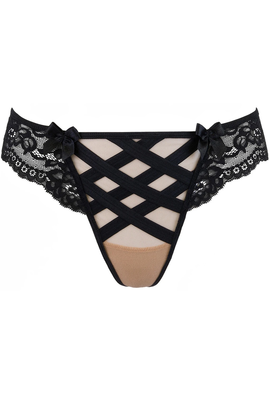 Axami sinnlicher String mit Kreuzmotiv schwarze Spitze auf hautfarbenen Tüll