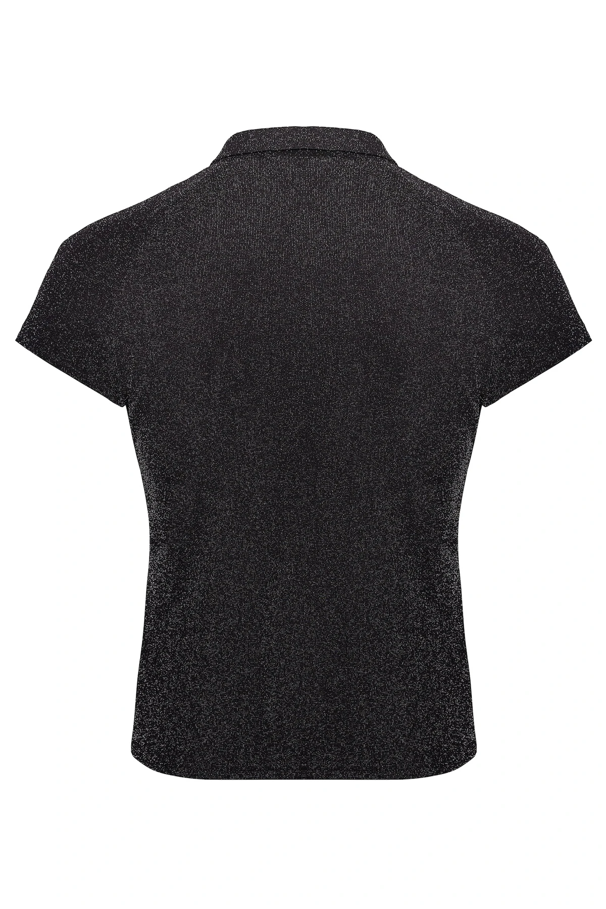 Feinnetz Polo-Shirt H082 aus transparentem, dehnbarem Netzmaterial mit silbernem Schimmer, markantem Stehkragen und Dreiknopfdetail für einen modernen, körperbetonten Look Noir Handmade Men