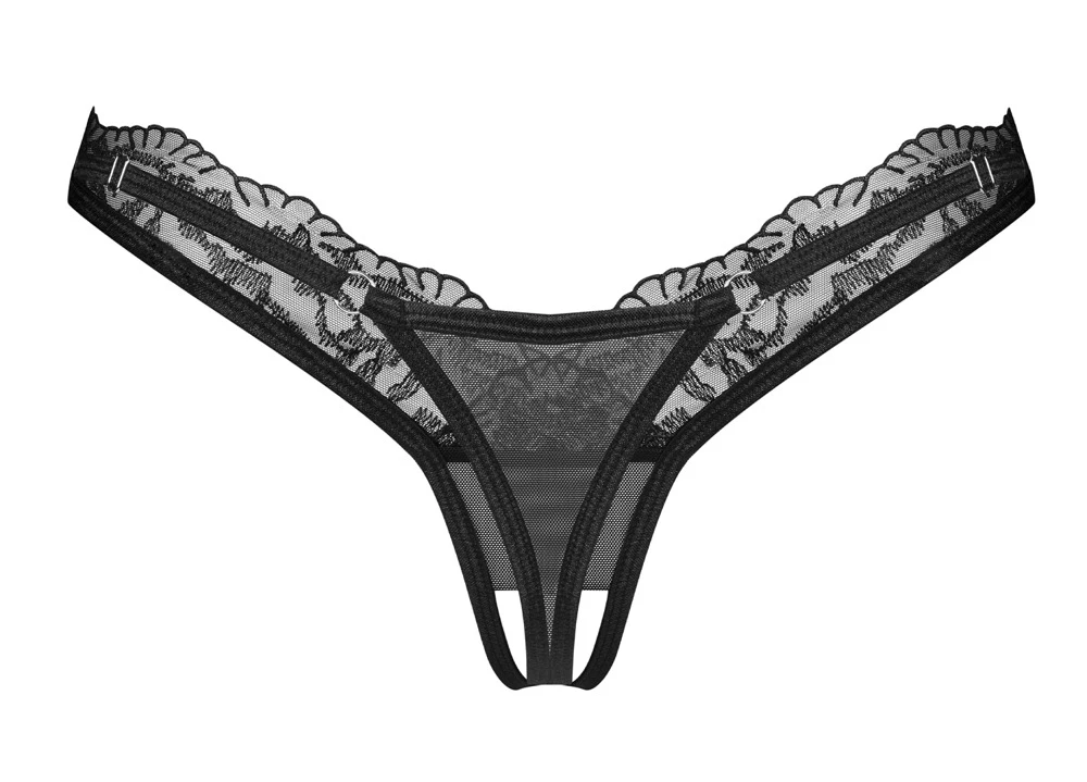 String ouvert Arrowel von Obsessive in schwarzer Tüll-Transparenz mit feiner Spitze, offen im Schritt für prickelnde Momente