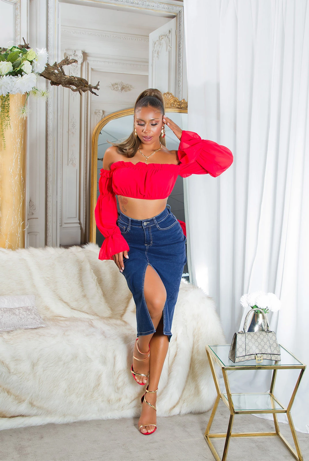 Dark Denim High Waist Midi Rock mit Schlitz vorne Dark Denim High Waist Midi Rock mit Schlitz vorne