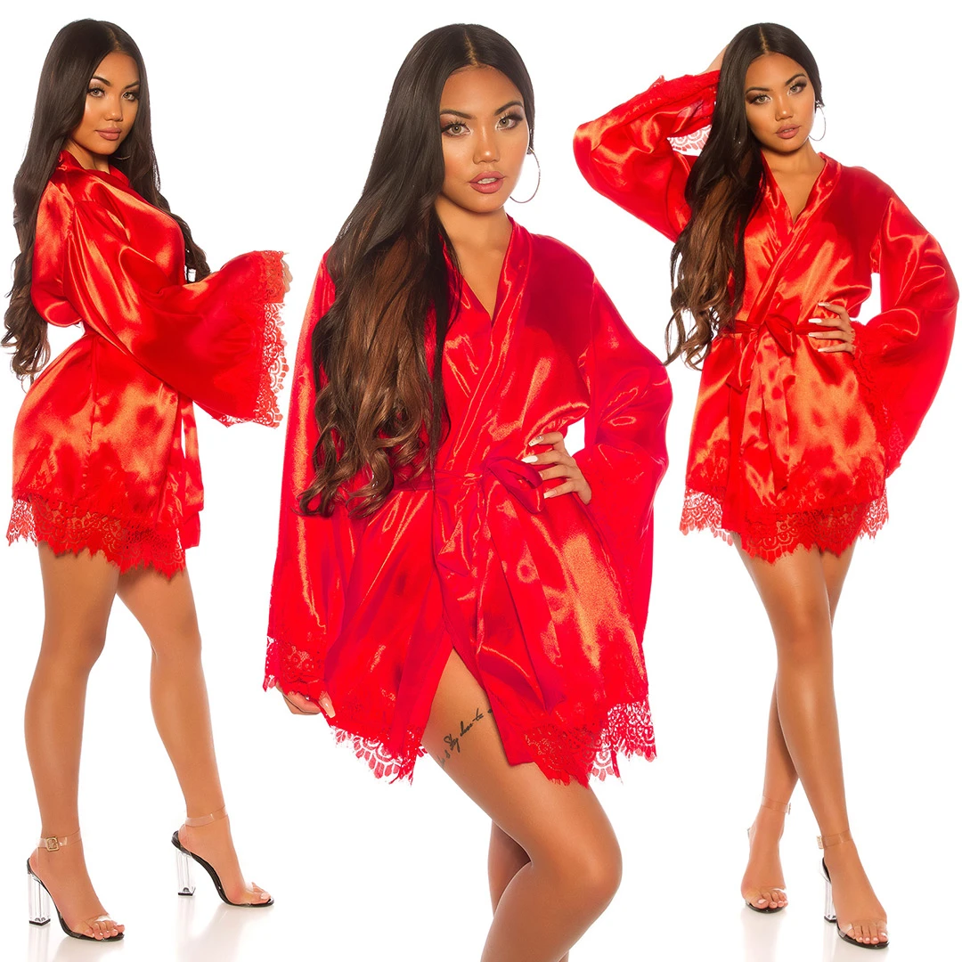 Satin Kimono mit Spitze und Gürtel