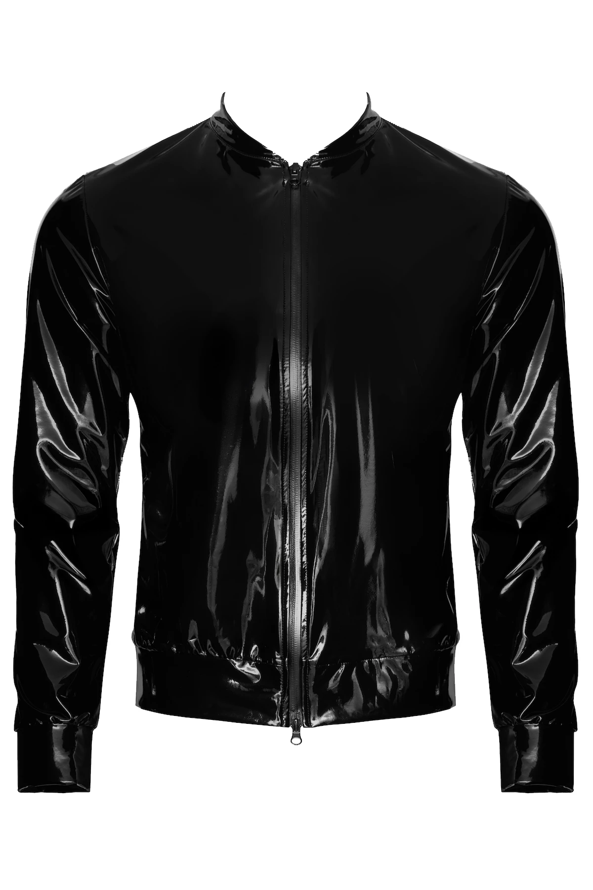 Herren Kinky Lack Jacke H092 aus glänzendem, dehnbarem Material mit breitem Bund, schwarzem Front-Reißverschluss und funktionalem 2-Wege-Zip für markante Styles von Noir Handmade Men