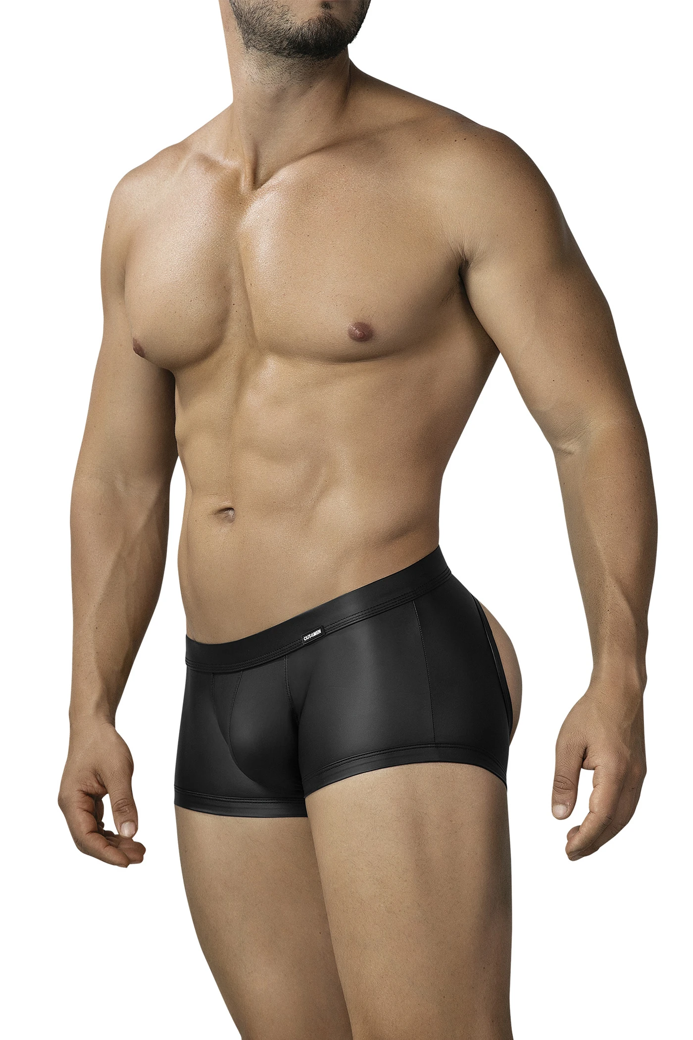 Schwarzer Split Exposure Trunk C4MRAV127 – Sexy Boxer Shorts mit offenem Po, breitem Bund & mattem Wetlook – CUT4MEN