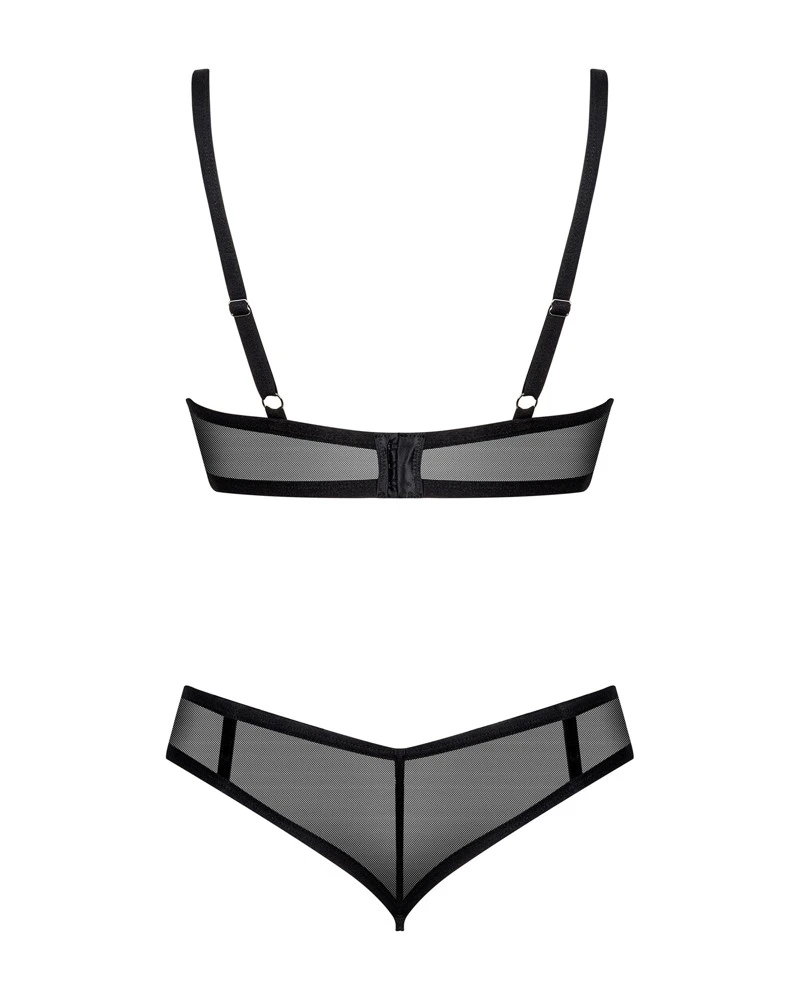 Obsessive Bügel-BH und String im Set Glandez in zarter schwarzer Transparenz. BH mit rotem Neckholder als stylischer Kontrast sowie Ring und kleinem Schmuckelement zwischen den Cups.
