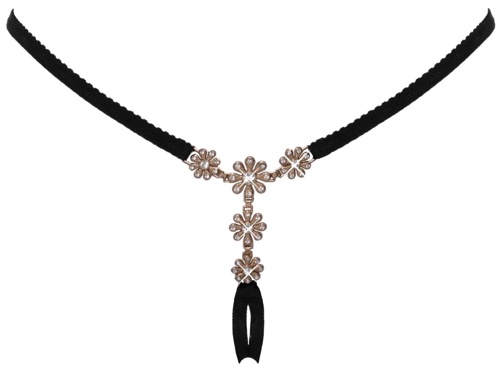 Cottelli LINGERIE Schmuckstring ouvert mit Strass-Blüten, Erotisch offen im Schritt und verstellbaren Stretchbändern