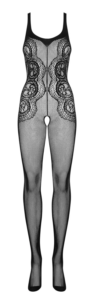 Obsessive Schwarzer hochelastischer Catsuit ouvert aus weichem seidigem Netz. Die seitlich eingewebten Ornamente setzen Kurven perfekt in Szene.