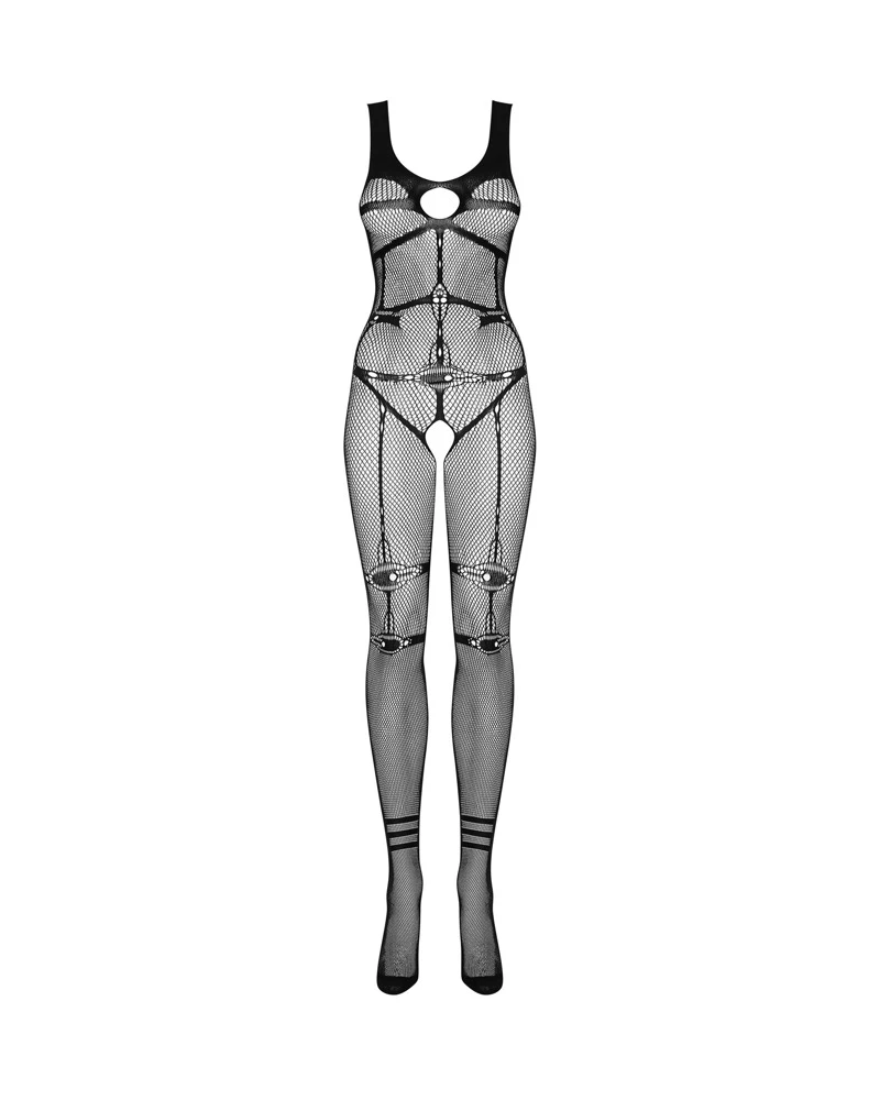 Obsessive Schwarzer Catsuit ouvert aus Netz mit aufregender eingewebter Harness-Optik. Dazu raffiniert platzierte Cut-outs im Dekolleté.