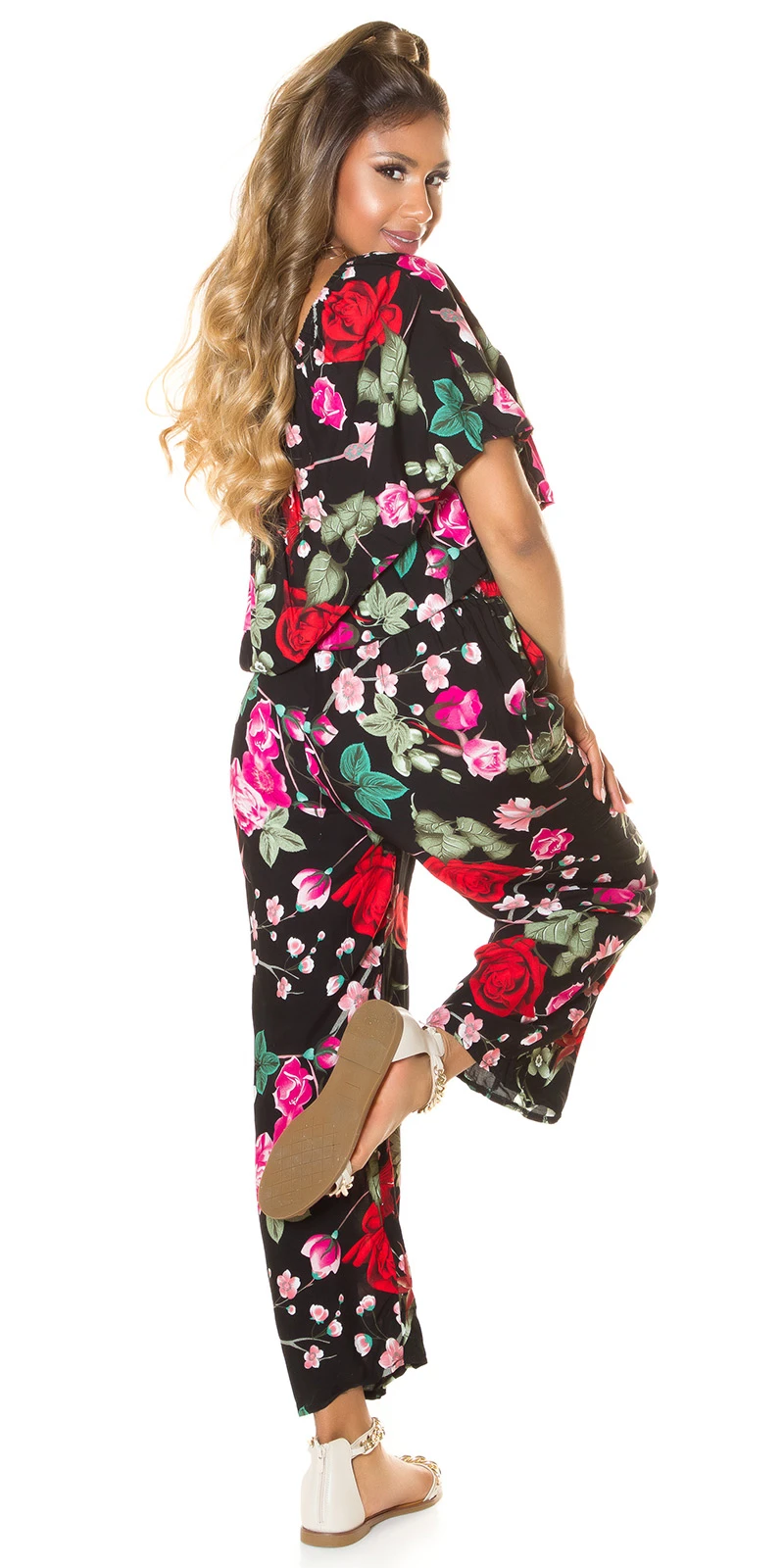 Rose Printed One Shoulder Maxi Marlene Viskose Jumpsuit mit Volant Rose Printed One Shoulder Maxi Marlene Viskose Jumpsuit mit Volant
