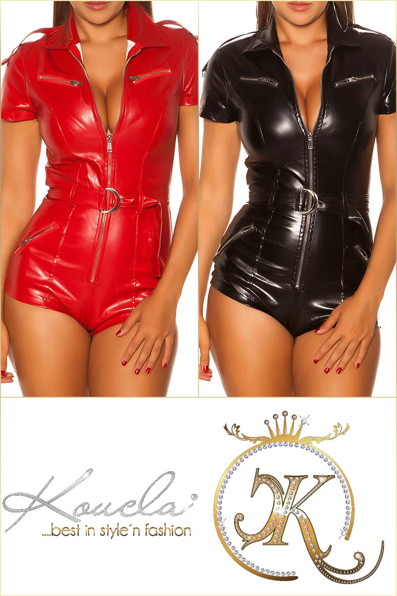 Sexy Gogo Overall im Leder-Look mit Zipper und Gürtel