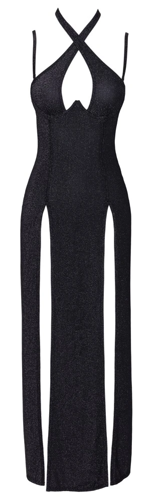 Langes schwarzes Kleid mit Silberglitzer von Cottelli PARTY im rückenfreien Neckholder-Stil mit Cup-Bügeln und zweifach hohem Schlitz vorne