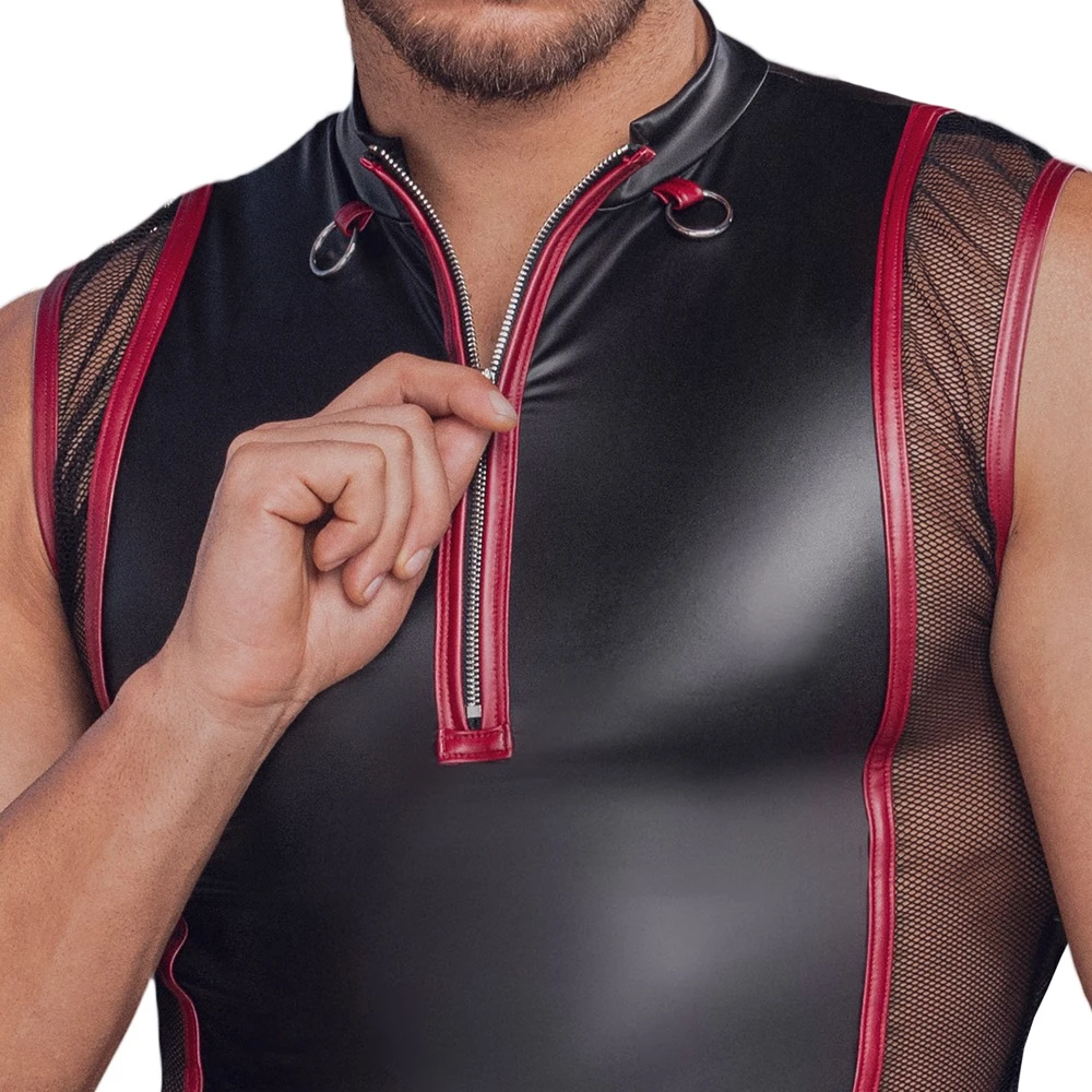 Herren Shirt, Betonendes ärmelloses Shirt im 2-farbigen Mattlook mit kurzem Reißverschluss, Stehkragen und dekorativen Ringen für markanten Style von NEK Herren Shirt, Betonendes ärmelloses Shirt im 2-farbigen Mattlook mit kurzem Reißverschluss, Stehkragen und dekorativen Ringen für markanten Style von NEK