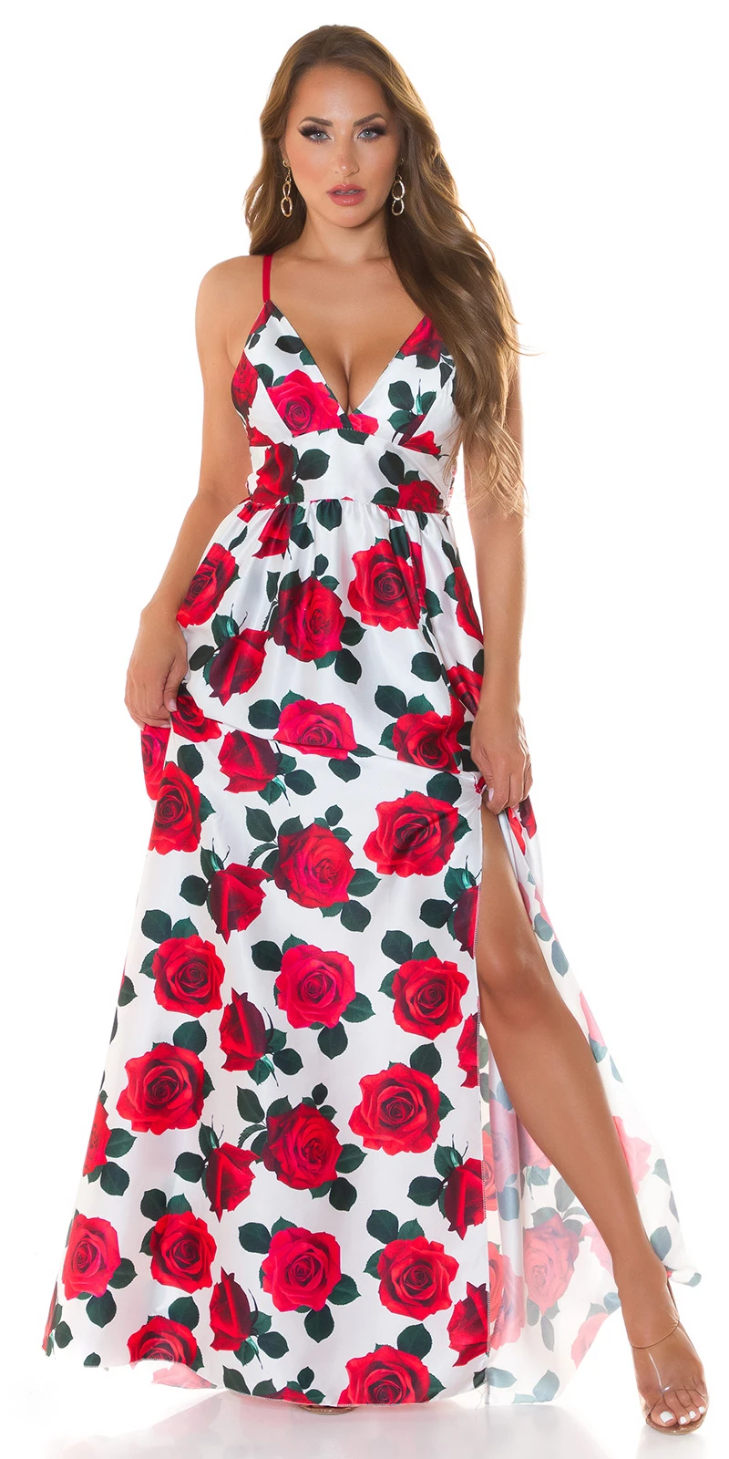 Summer V-Neck Träger Maxi Kleid mit Flower Print und XL-Beinschlitz Summer V-Neck Träger Maxi Kleid mit Flower Print und XL-Beinschlitz