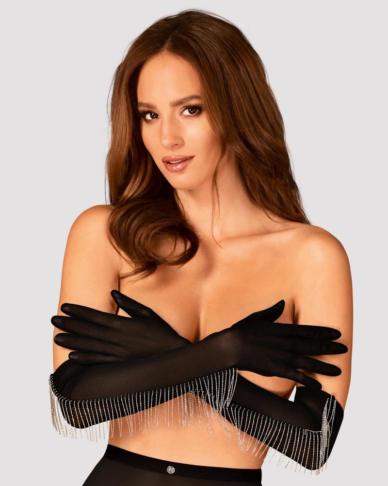 Obsessive Schwarze lange Handschuhe Milladis aus feinem Stretchtüll mit schwingenden Kettchen-Fransen.  Weich und elastisch. Obsessive Schwarze lange Handschuhe Milladis aus feinem Stretchtüll mit schwingenden Kettchen-Fransen.  Weich und elastisch.