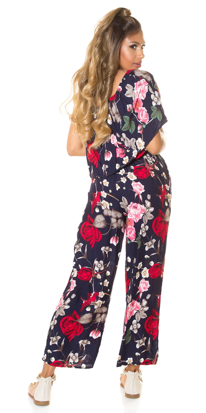 Rose Printed One Shoulder Maxi Marlene Viskose Jumpsuit mit Volant