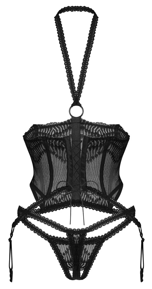 Busenfreies Strapshemd Alliane von Obsessive – schwarzes Neckholder-Set mit transparentem Stoff und ouvertem String für stilvolle Sinnlichkeit