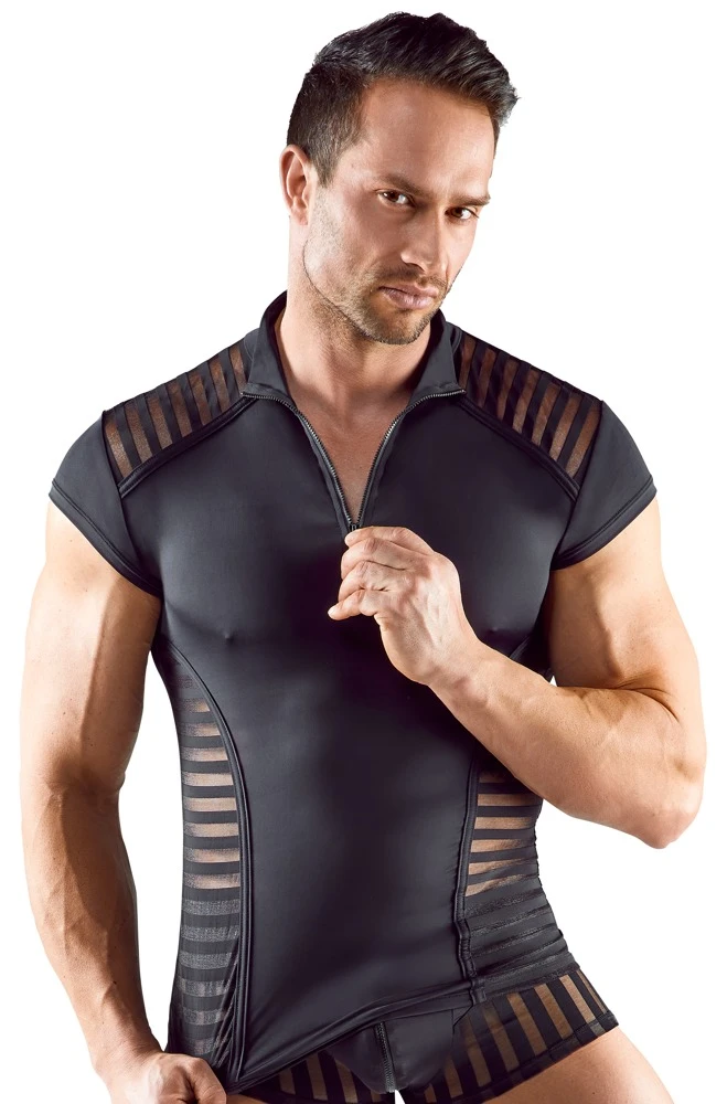 Herren Shirt Figurbetonendes Shirt aus weicher Mikrofaser mit transparenten Streifen-Einsätzen, Stehkragen und Reißverschluss
