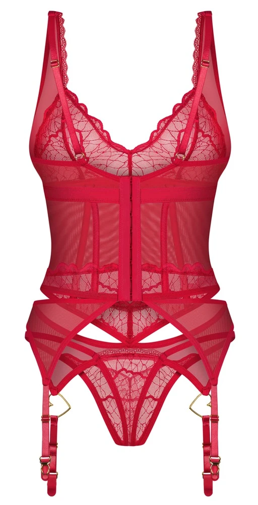 Verführerisches Strapshemd und String Set Cupide Desir von Obsessive in Rot mit Spitzen, goldenen Schmuckdetails und verstellbaren Trägern