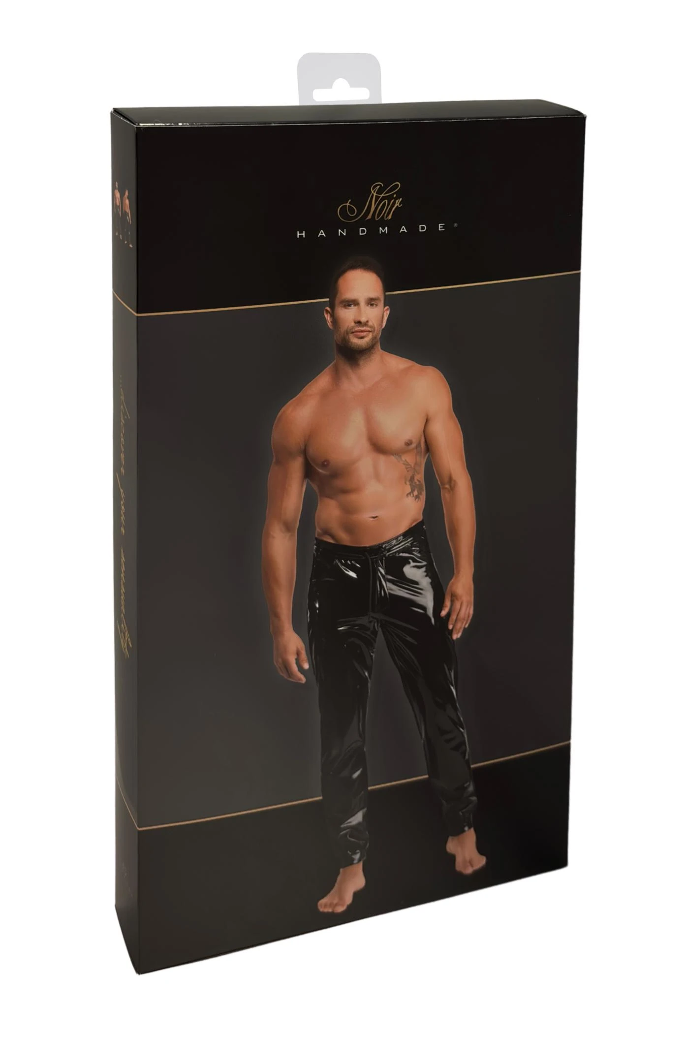 Schwarze Kinky Lack Hose Voltage H093 Herren – schmal geschnittene dehnbare Lackhose mit Front-Reißverschluss und Kordelzug von Noir Handmade Men