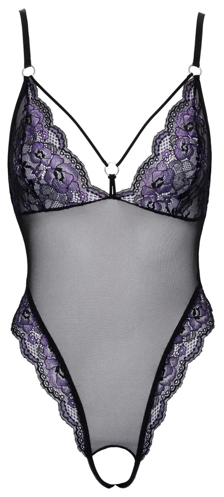 Cottelli LINGERIE Dessous Body ouvert aus feinem Powernet Dekolleté mit Stretchiemchen mit Ring