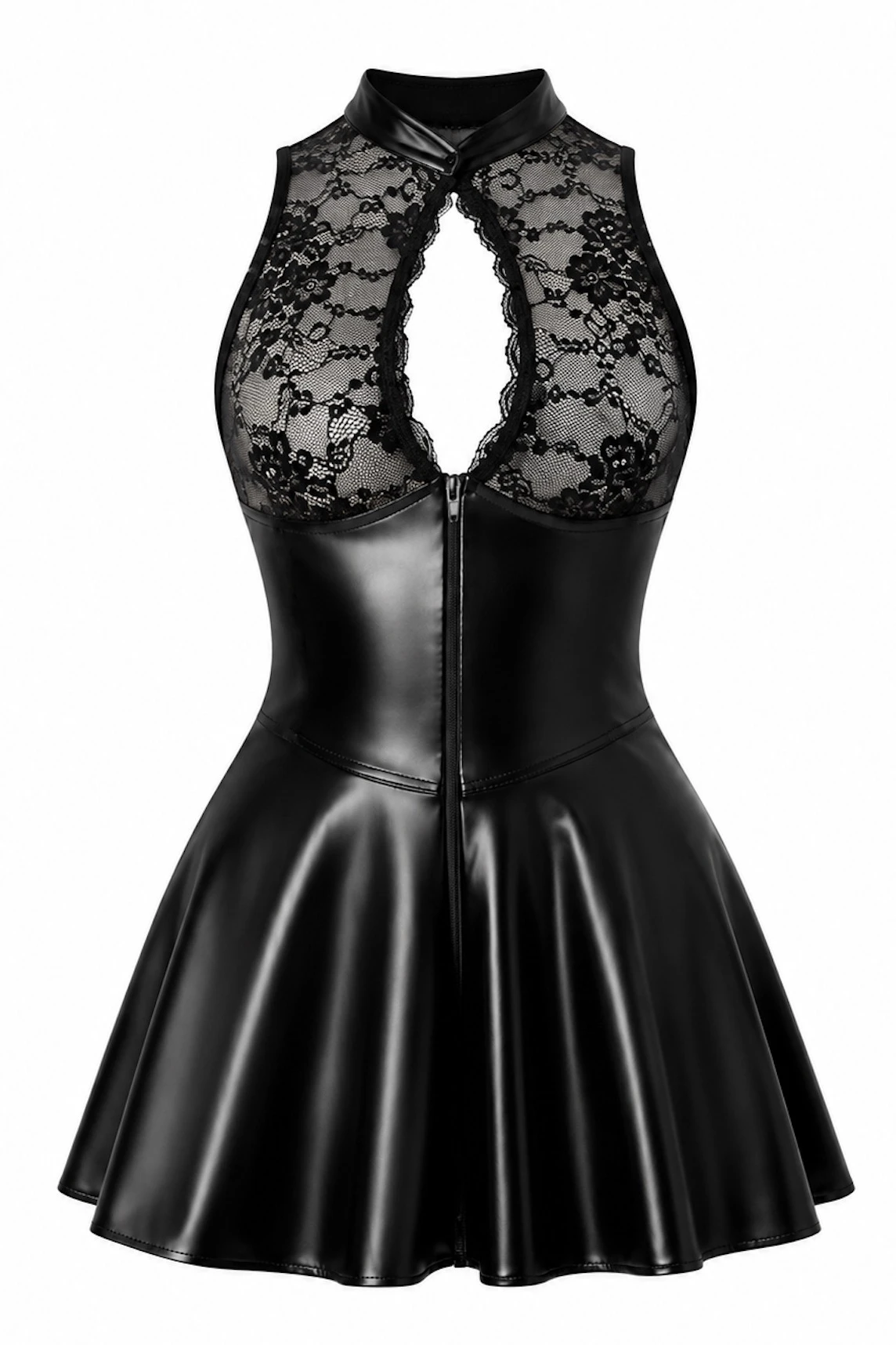 Minikleid aus Spitze und Powerwetlook - Noir Handmade F404 One More Kiss - sexy Schwarz mit Stehkragen und Zwei-Wege-Reißverschluss
