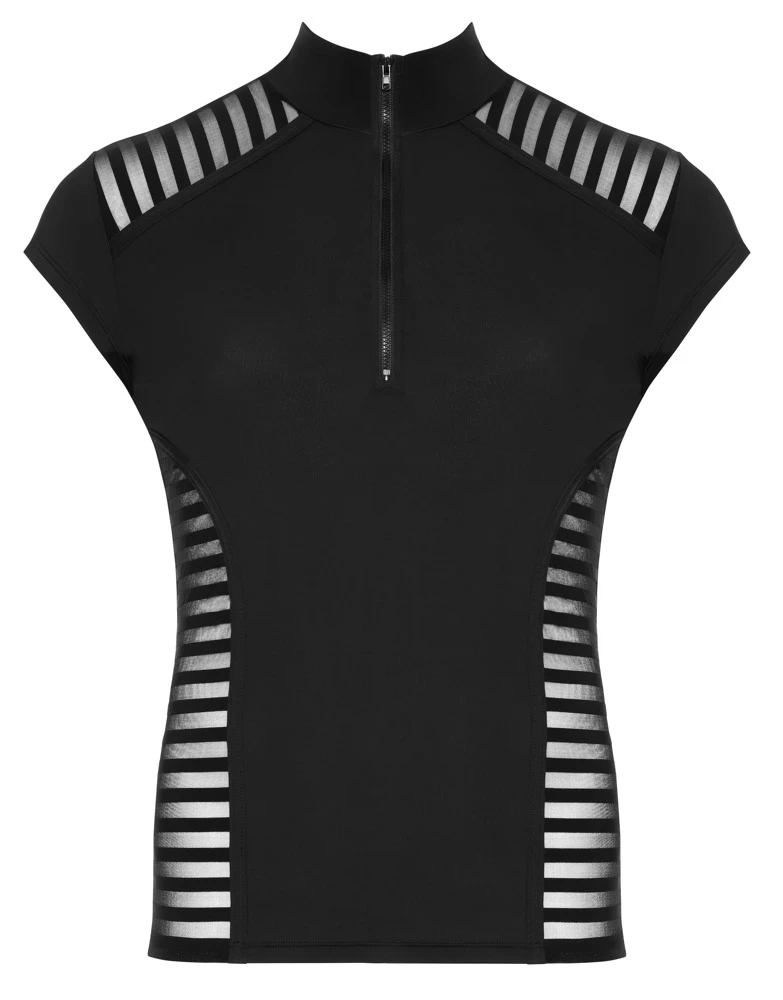 Herren Shirt Figurbetonendes Shirt aus weicher Mikrofaser mit transparenten Streifen-Einsätzen, Stehkragen und Reißverschluss