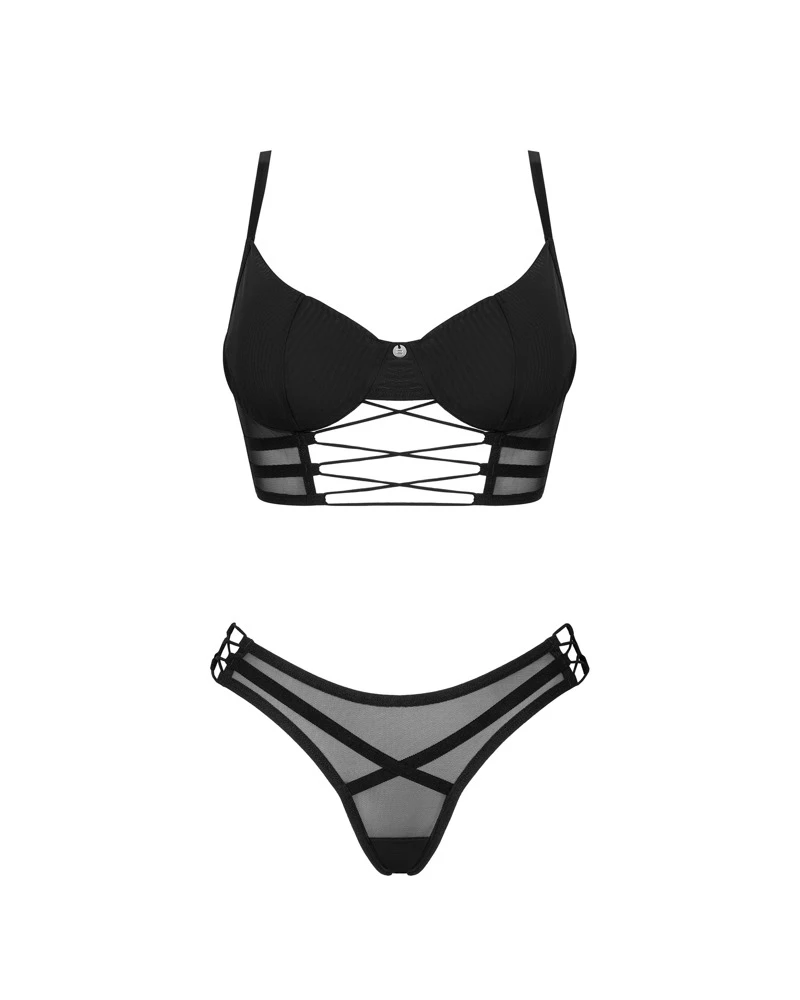 Obsessive Bügel-BH und Riostring im Set Roxelia. Modischer Style aus transparentem Tüll und blickdichtem Stretchmaterial. Stylische Details in Schnüroptik