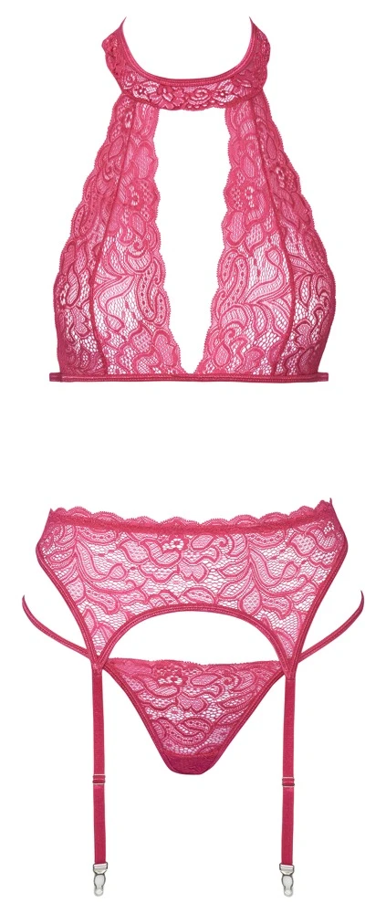 Cottelli LINGERIE 3 teiliges Dessous Set mit Neckholder BH, Strapsgurt und String