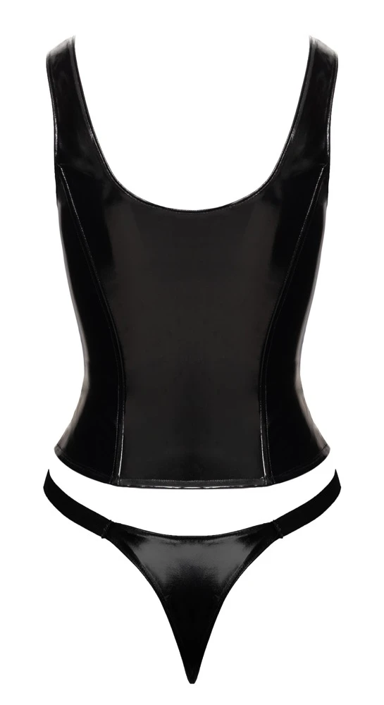 Black Level Kinky Lack-Dessous-Set in Tiefschwarz mit figurbetonender Corsage, Front-Reißverschluss und sexy Riostring – Aufreizend glänzend