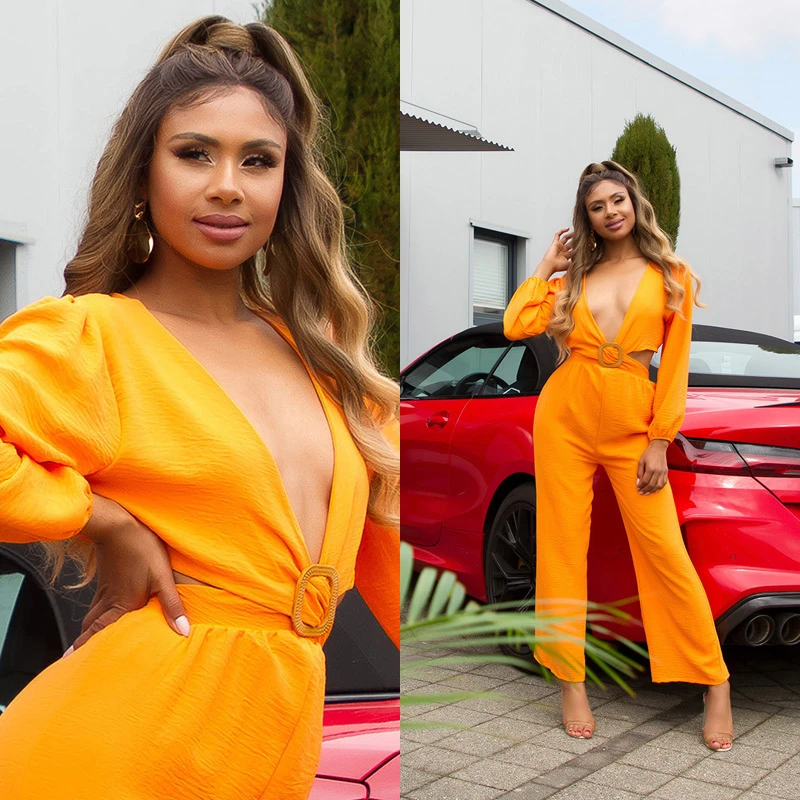 Business Maxi V-Neck Langarm Jumpsuit mit Deko Schnalle