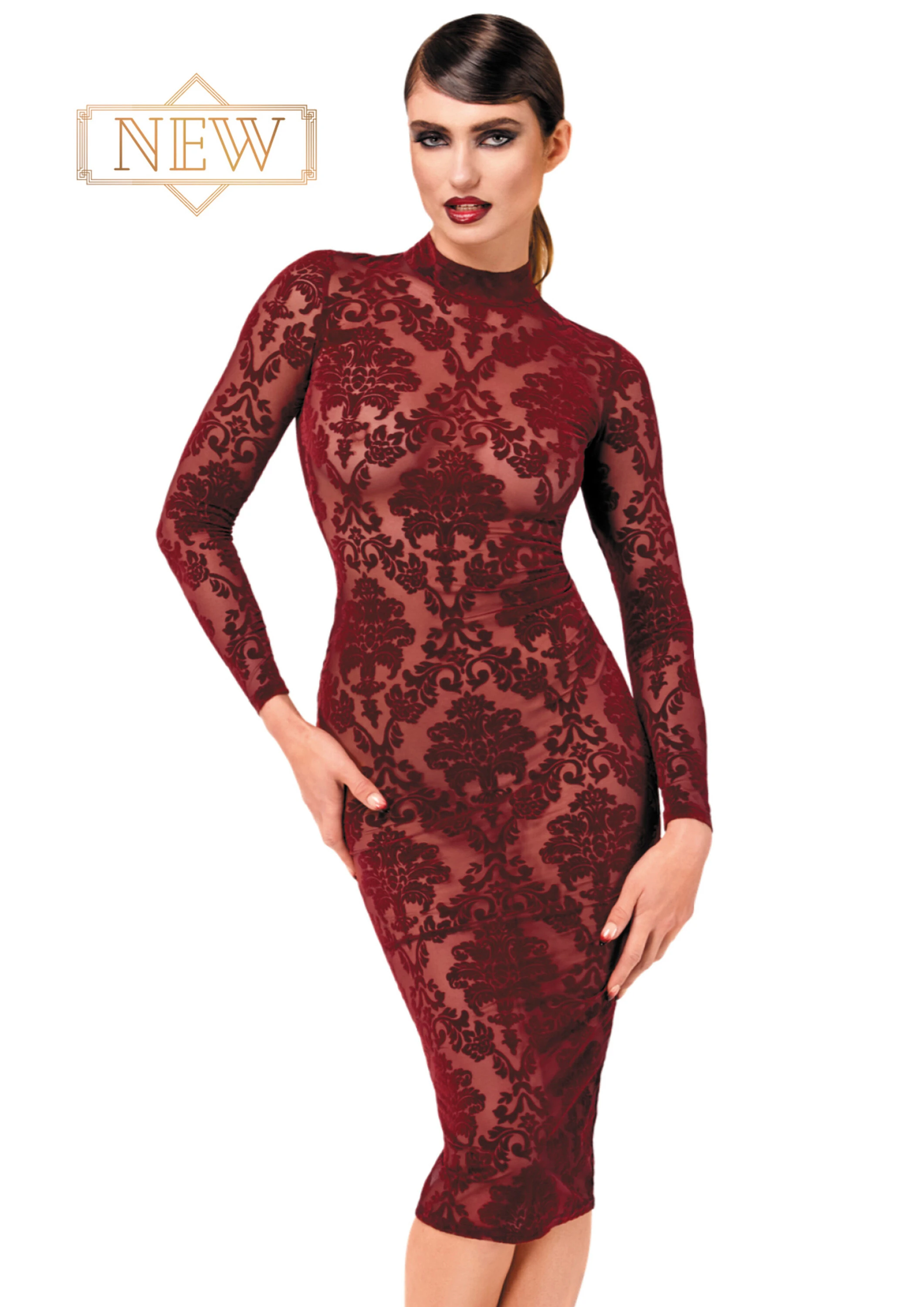 F384 halblanges Flockkleid Kinky Royal aus weichem elastischem Tüll mit floraler Flockstickerei, tiefem Rückenausschnitt und Hakenverschluss am Kragen – knielanges Design, das deine Kurven betont – von Noir Handmade F384 halblanges Flockkleid Kinky Royal aus weichem elastischem Tüll mit floraler Flockstickerei, tiefem Rückenausschnitt und Hakenverschluss am Kragen – knielanges Design, das deine Kurven betont – von Noir Handmade