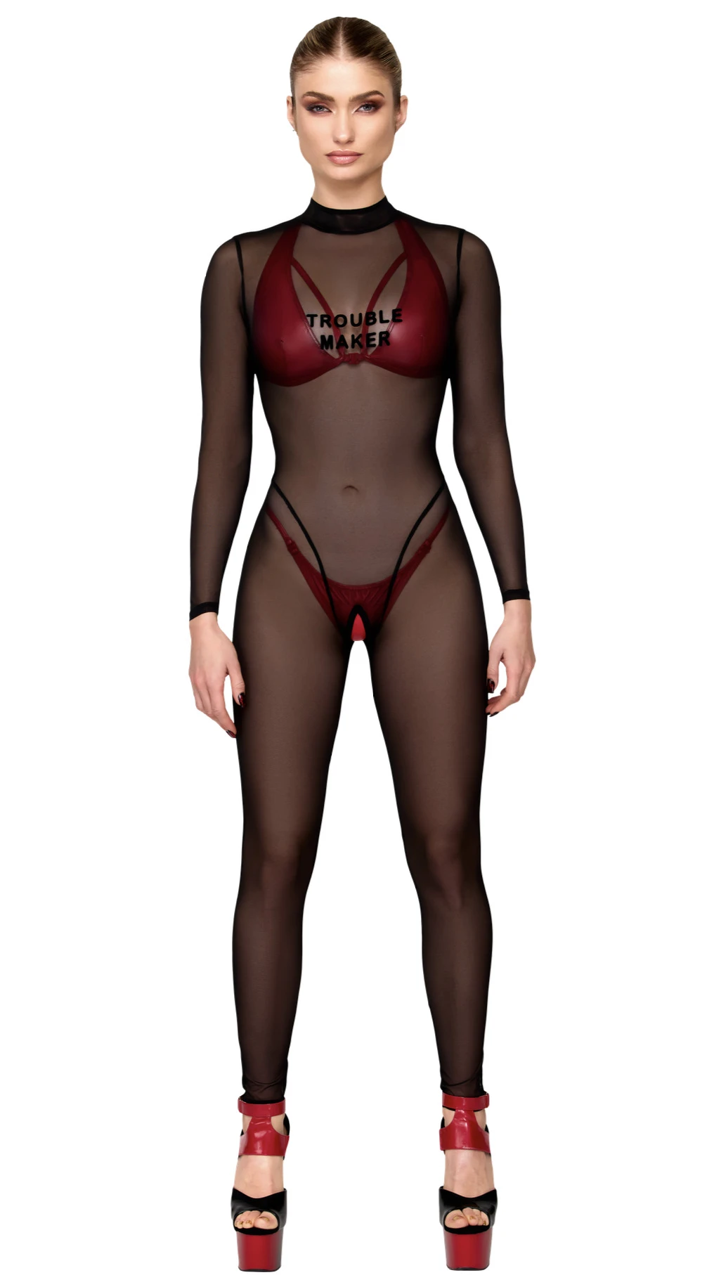 F387 Troublemaker Catsuit – Kinky transparenter Tüll-Overall mit Flockprint, langen Ärmeln, offenem Schritt & heißem Rückenschlitz Dessous-Style Noir Handmade