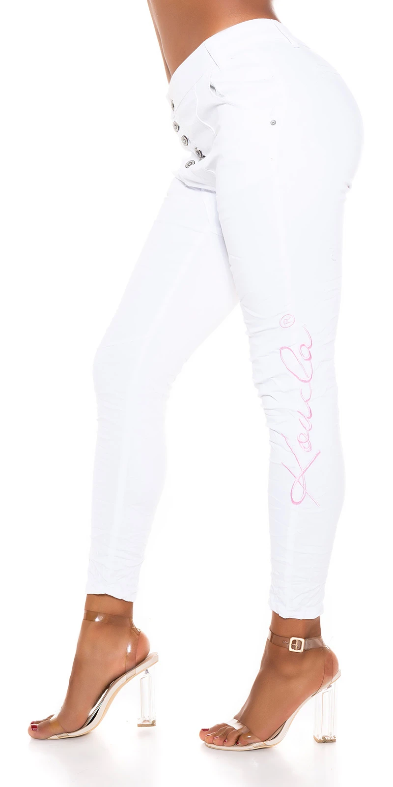 Knitter Skinny Hüft Chino Jeans mit schräger Knopfleiste Knitter Skinny Hüft Chino Jeans mit schräger Knopfleiste