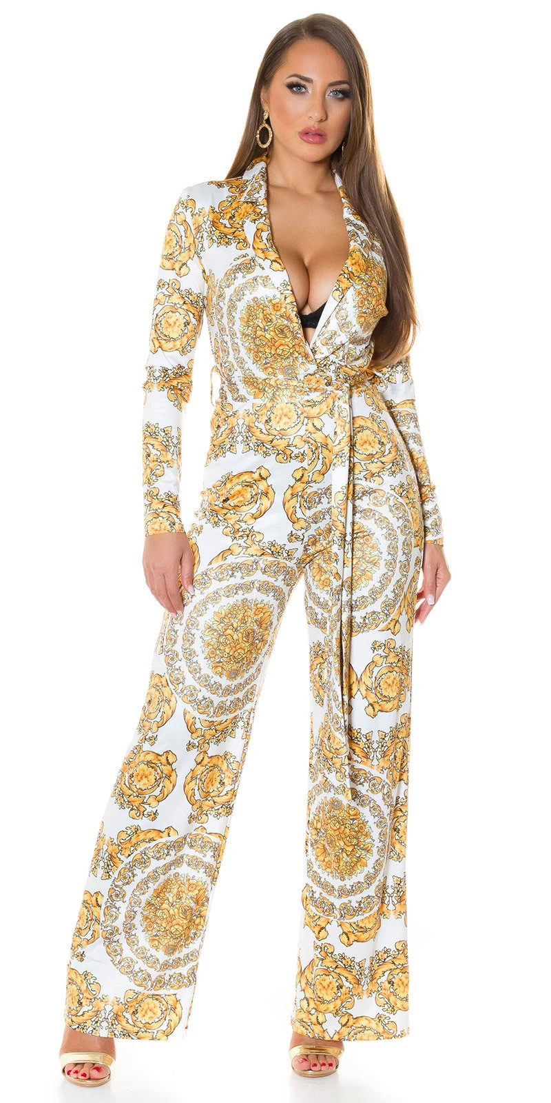 Printed Maxi Jumpsuit im Business-Look mit Wickel V-Neck und Gürtel