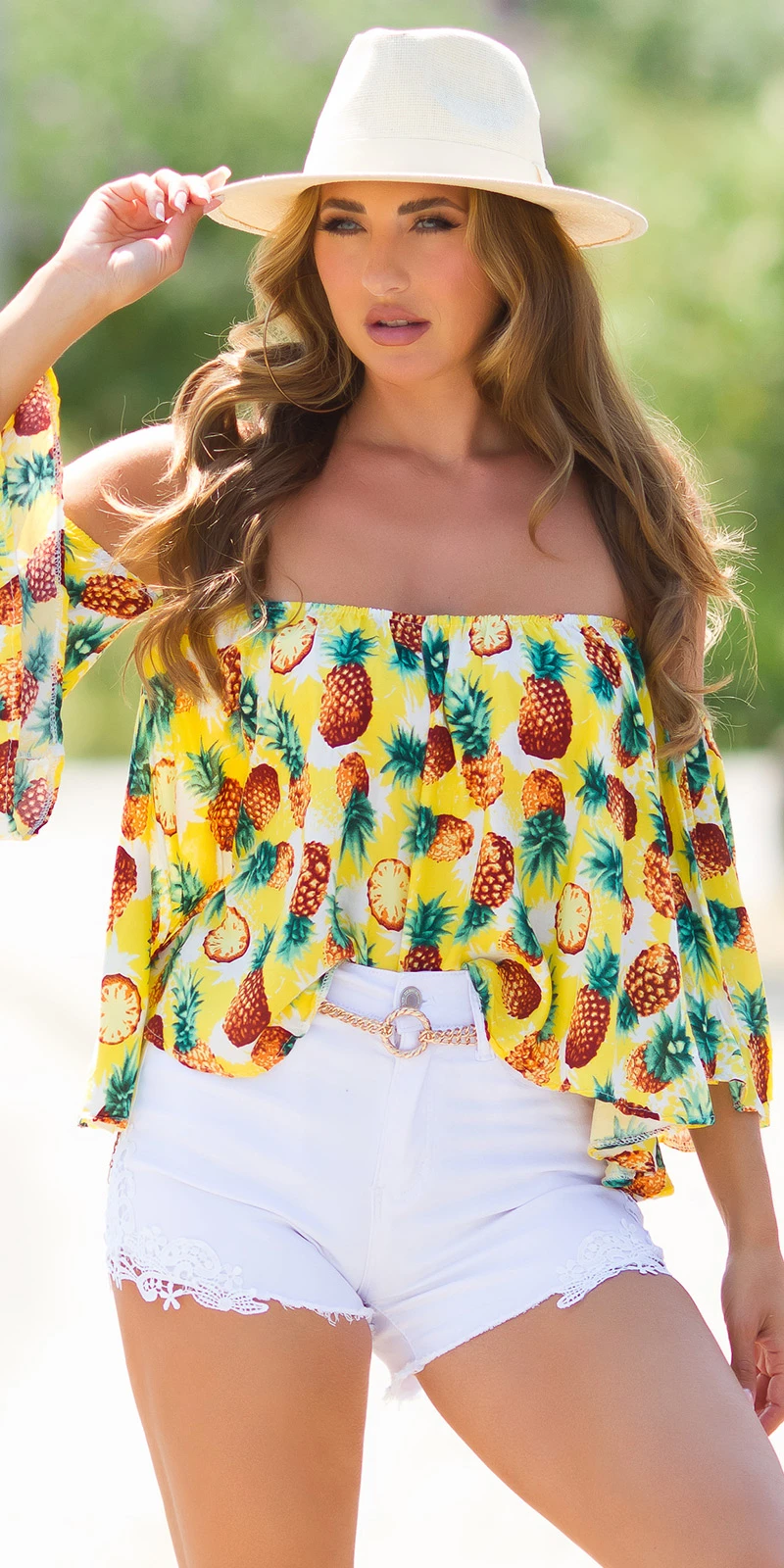 Sexy Sommer off-shoulder Bluse mit Ananas Print Sexy Sommer off-shoulder Bluse mit Ananas Print