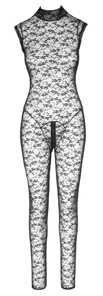 Cottelli LINGERIE Ärmelloser Overall Bodystocking aus Spitze Zip am Schritt Provozierende Transparent