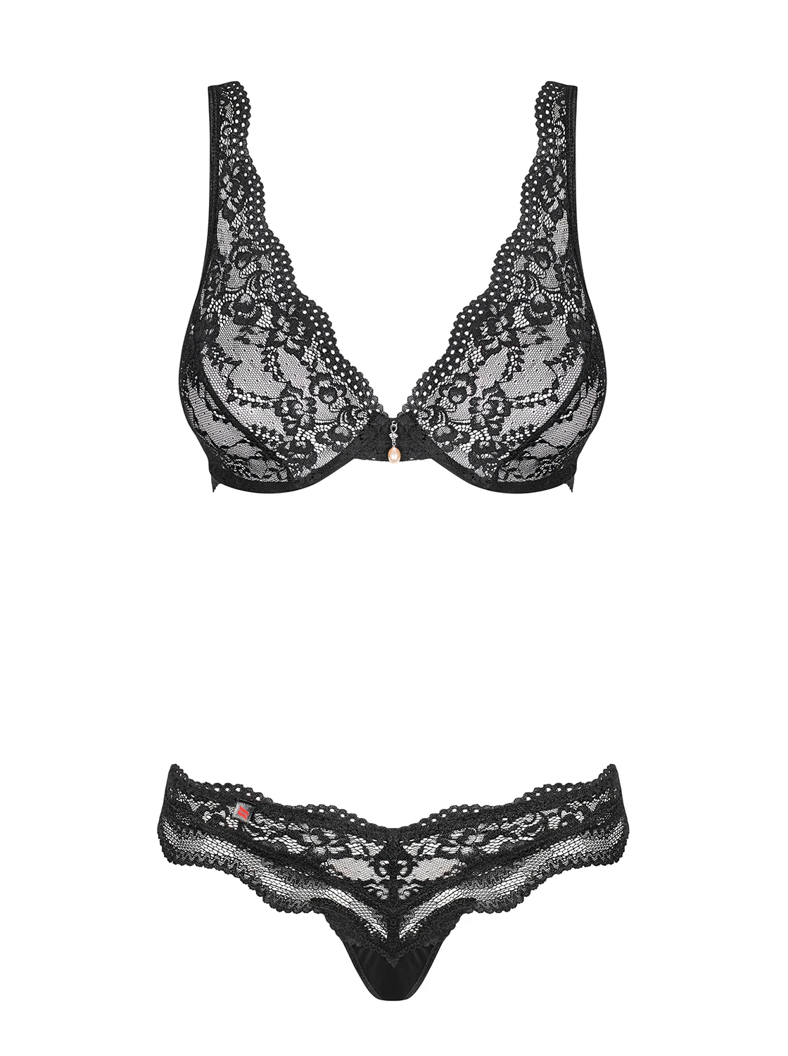 Obsessive Luvae Set Schwarz Spitzen BH String Soft-BH mit Bügel Perlendetail elegante Damen Dessous Reizwäsche