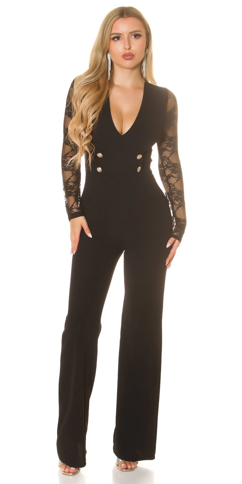 Musthave Cocktail V-Neck Long Overall Cocktail Maxi Jumpsuit mit Spitze Deko Knöpfe und Bootcut Musthave Cocktail V-Neck Long Overall Cocktail Maxi Jumpsuit mit Spitze Deko Knöpfe und Bootcut