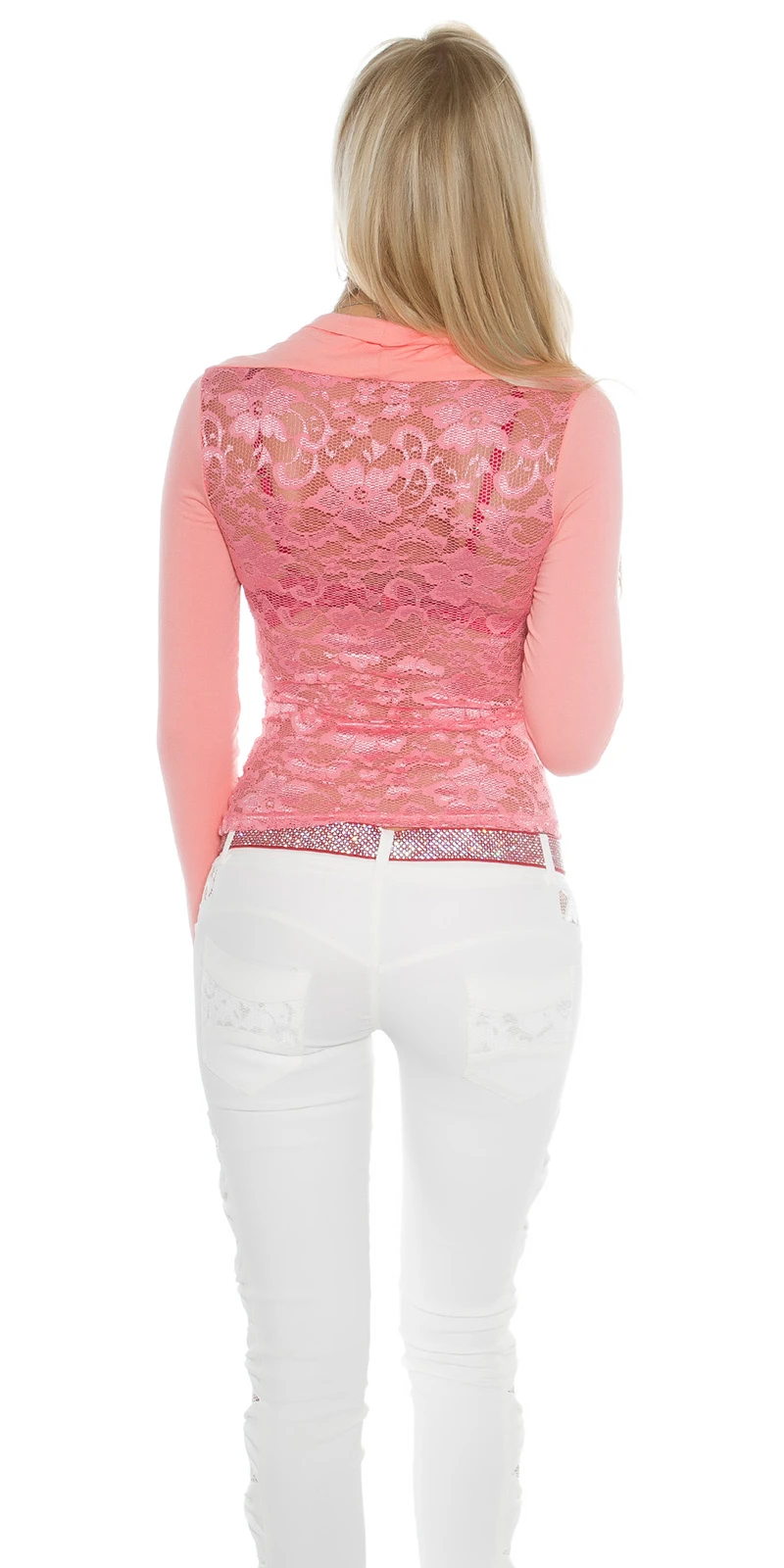 Spitzen Rücken Langarm Shirt mit Deko Schleife und Bolero Effekt Spitzen Rücken Langarm Shirt mit Deko Schleife und Bolero Effekt