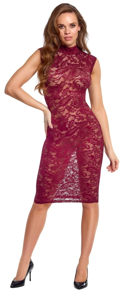 Kleid aus bordeauxroter Ornament-Spitze von Cottelli LINGERIE mit knieumspielender Länge, ärmellosem Schnitt und elegantem Stehkragen