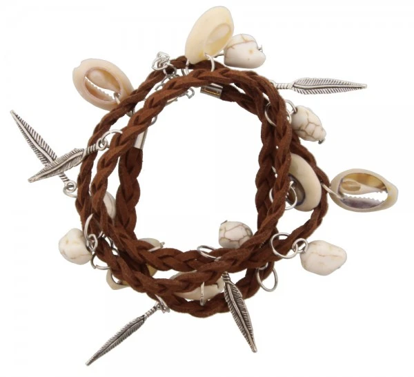 Armband mit Steinen, Muscheln und silberfarbigen Federn Armband mit Steinen, Muscheln und silberfarbigen Federn