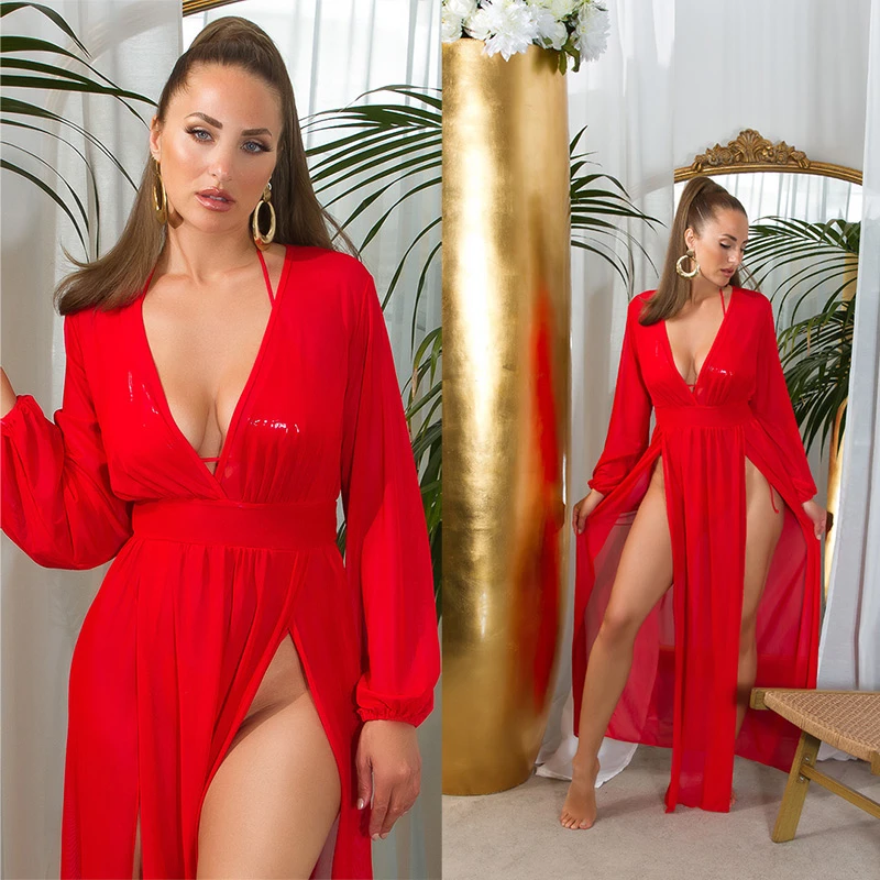 Cover-Up Kleid Maxikleid Langarm Strandkleid Transparent mit V-Neck und Beinschlitz Cover-Up Kleid Maxikleid Langarm Strandkleid Transparent mit V-Neck und Beinschlitz