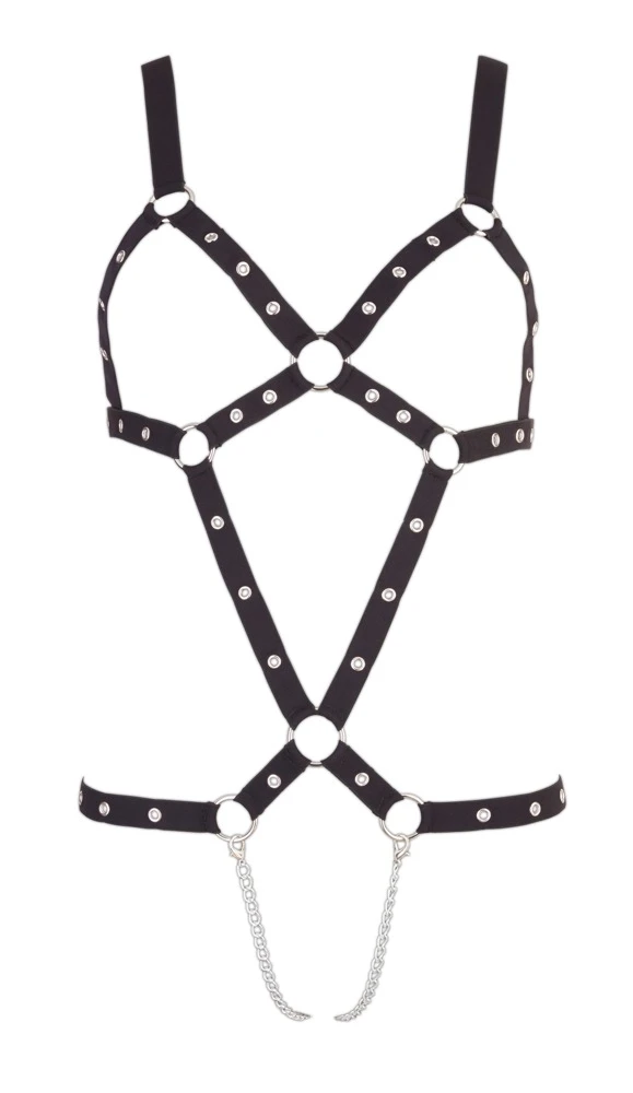 Bad Kitty Riemenbody, Body Harness, Metallketten im Schritt Ouvert, für Bondage-Fantasien, Nieten besetzten Webriemen