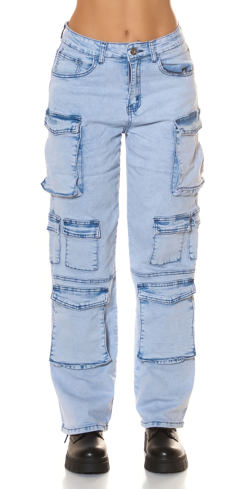 Light Denim Cargo Jeans Lightwashed High Waist Hose, Jeanshose Gerade Breites Bein Light Denim Cargo Jeans Lightwashed High Waist Hose, Jeanshose Gerade Breites Bein