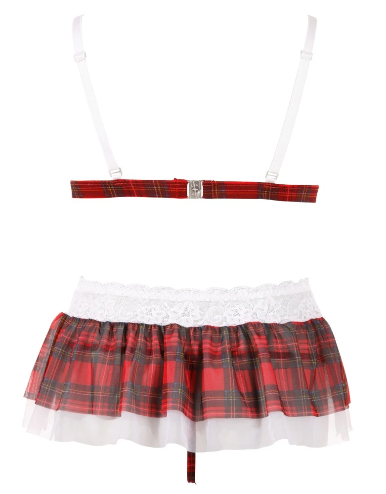 Cottelli LINGERIE Kostüm mit BH und Minirock, Soft-BH, Ouvert String, aus Spitze und Karo Optik