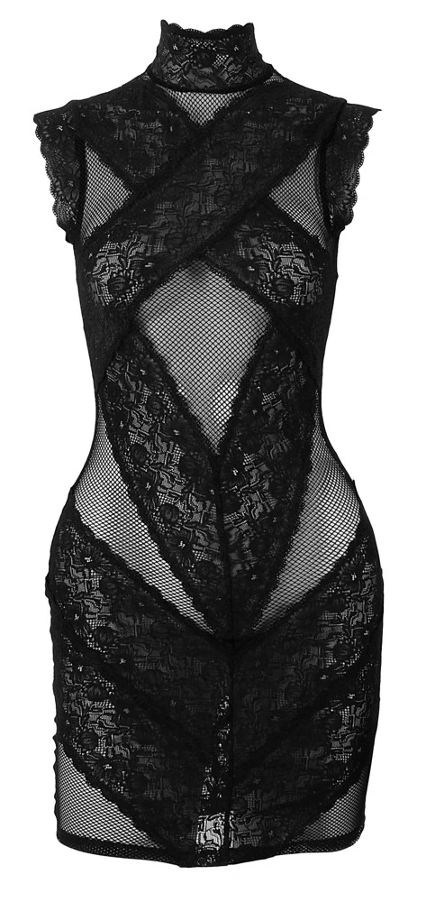 Cottelli PARTY Sexy Minikleid aus Netz und Blütenspitze mit gekreuzten Spitzeneinsätzen, transparentem Rücken und verführerischem Stehkragen