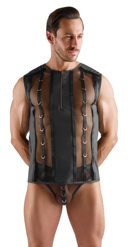 Sexy Netz-Shirt Herren schwarz mit Wetlook Mix und Reißverschluss vorne, elastisch mit auffälligen Ringen und körperbetonter Passform von Svenjoyment