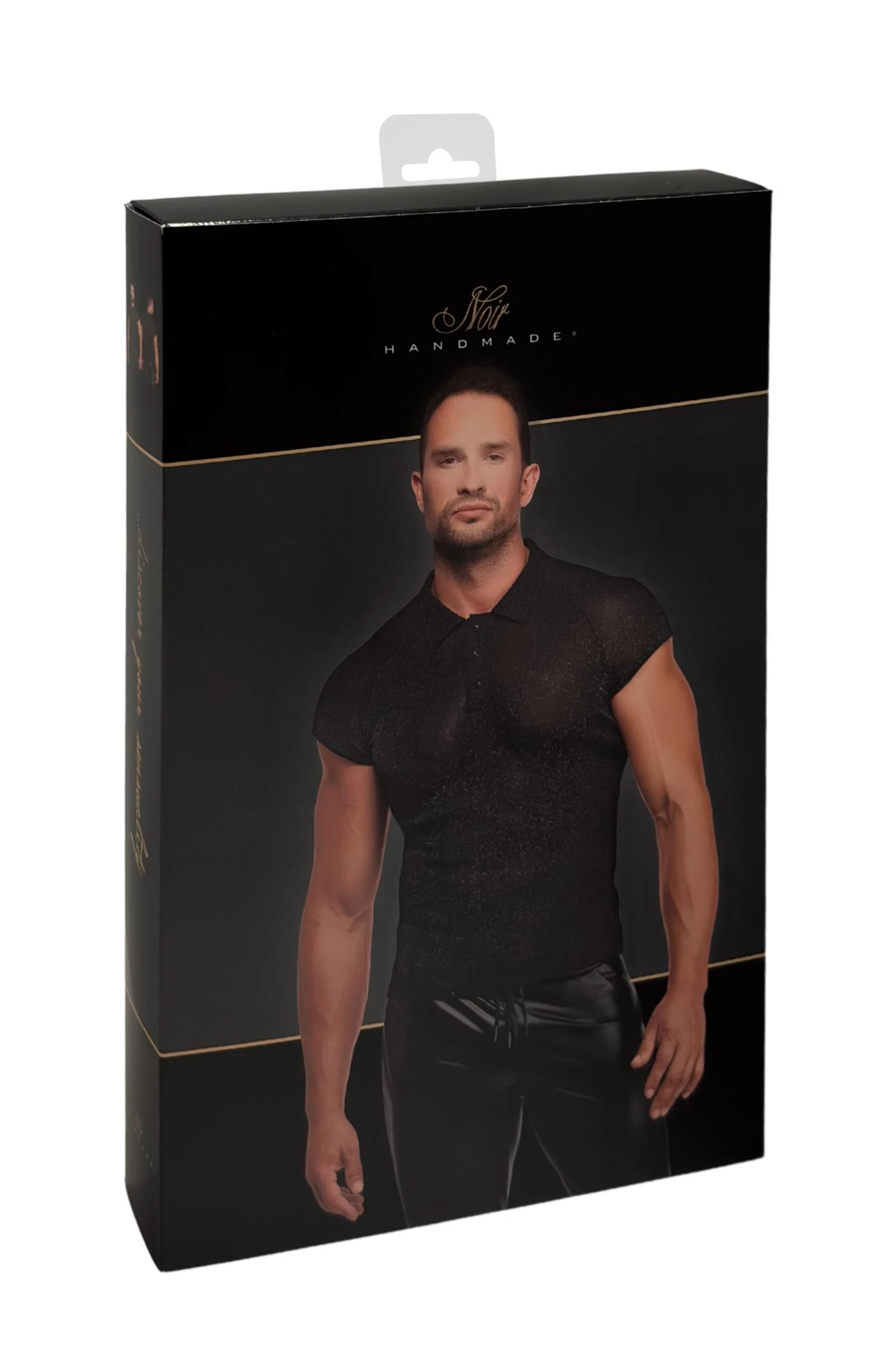 Feinnetz Polo-Shirt H082 aus transparentem, dehnbarem Netzmaterial mit silbernem Schimmer, markantem Stehkragen und Dreiknopfdetail für einen modernen, körperbetonten Look Noir Handmade Men