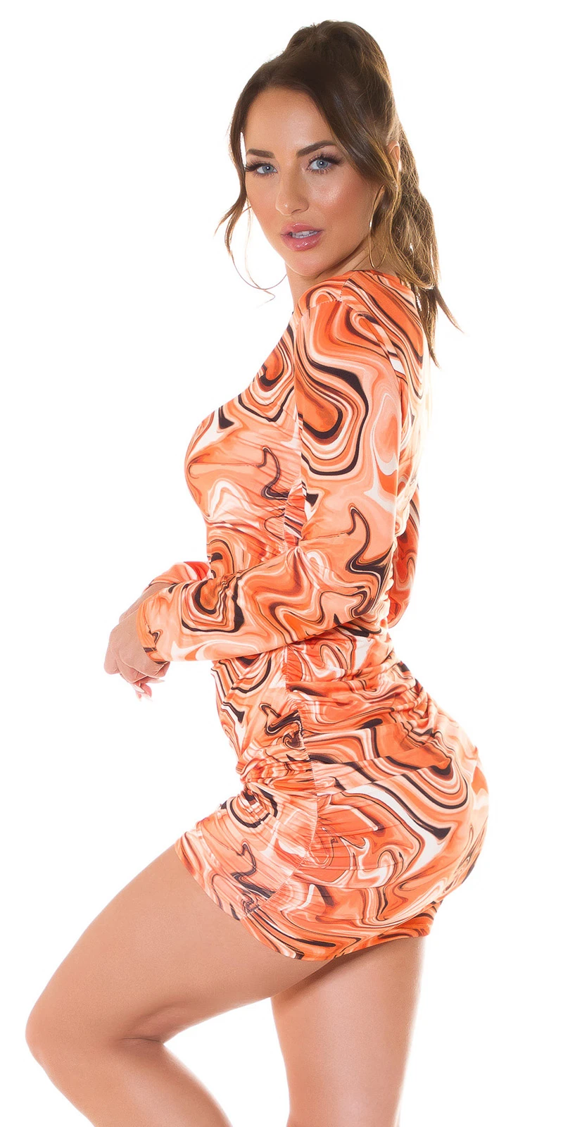 Gerafftes Langarm Stretch Minikleid mit Print Gerafftes Langarm Stretch Minikleid mit Print